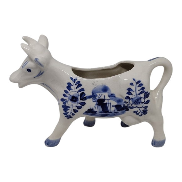 Whimsical Delft Blue and White Ceramic Cow Pitcher - Picture 4 of 15
